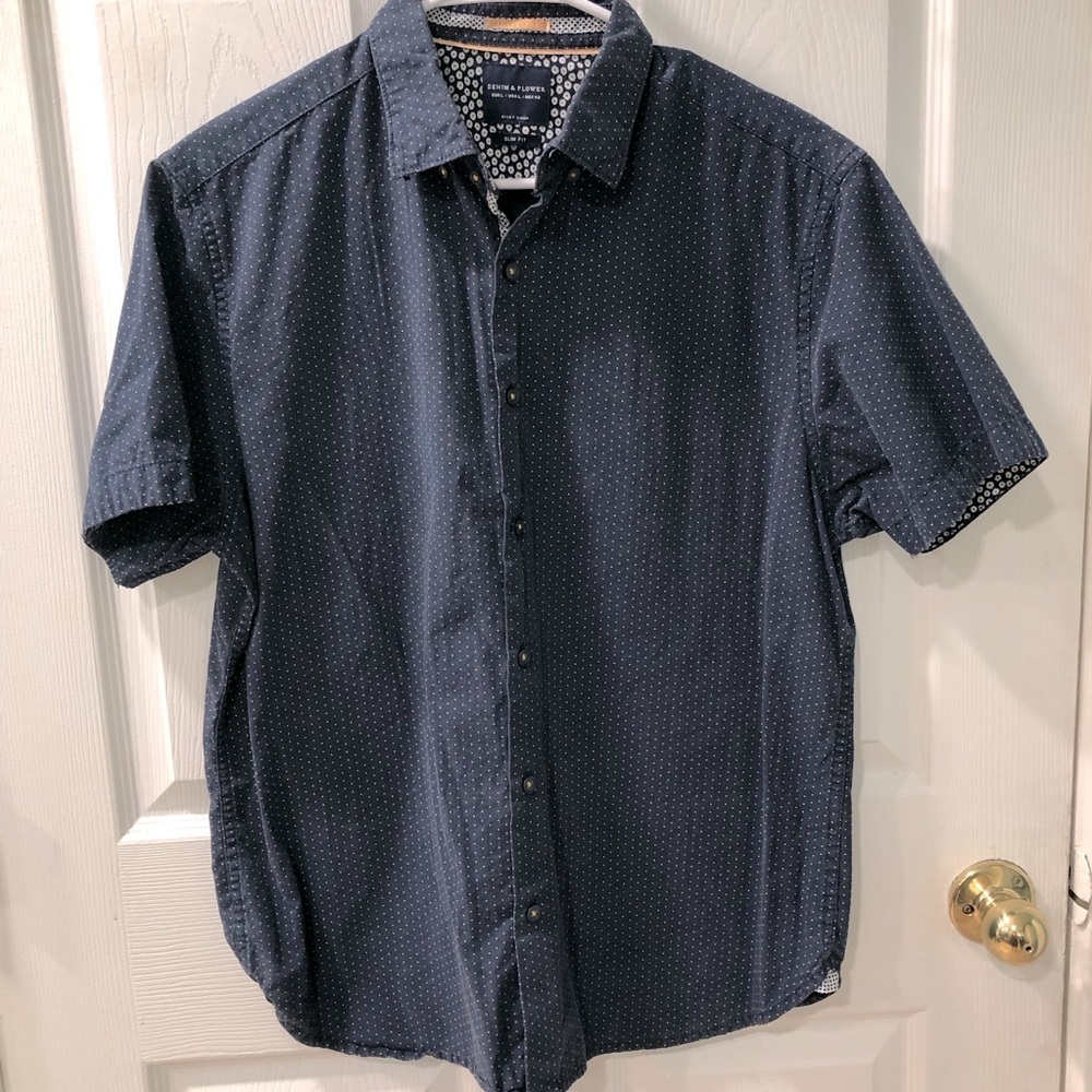 Denim and flower polka dot button down shirt